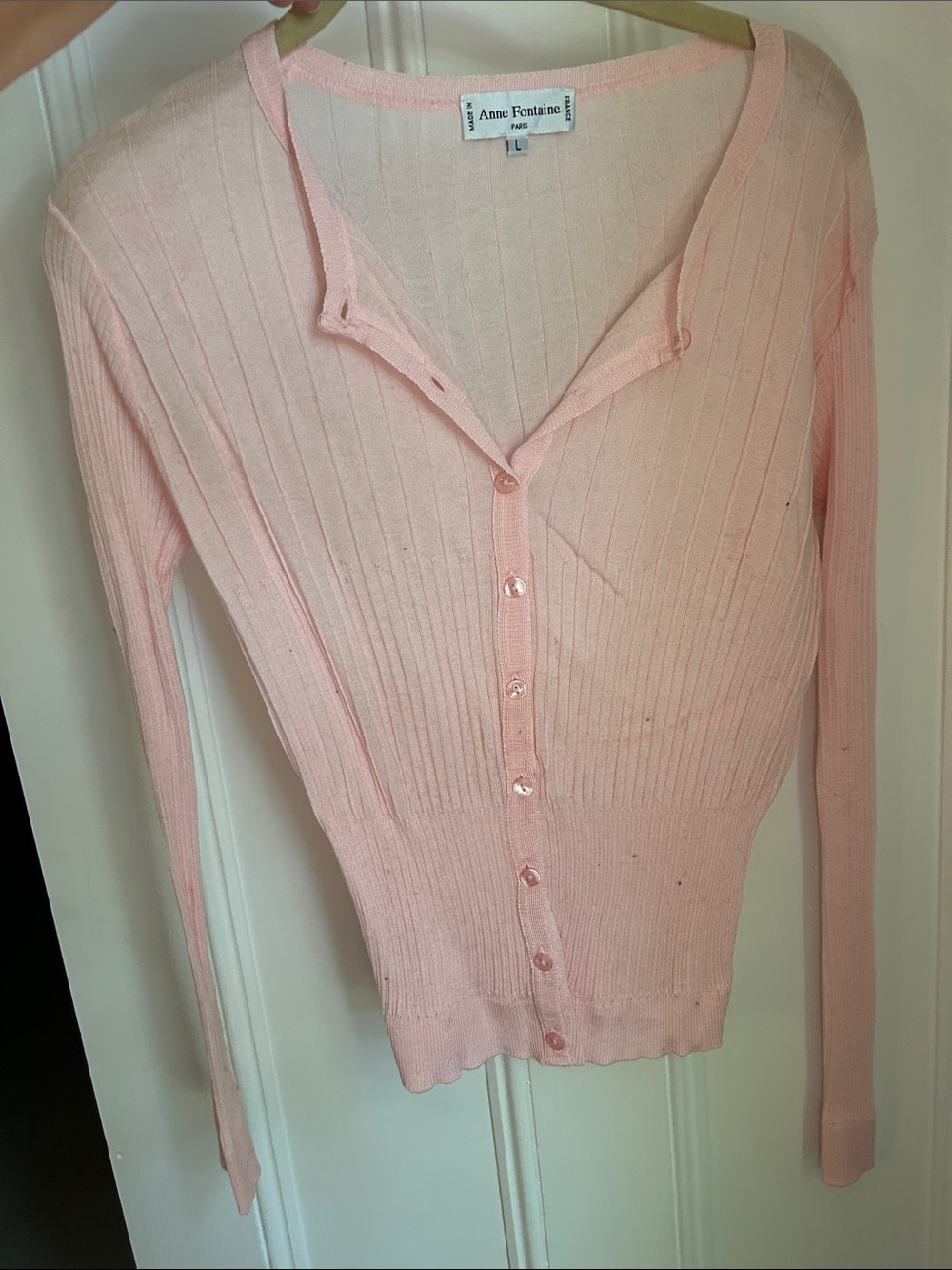 Anne Fontaine Light Pink Ribbed Button Cardigan